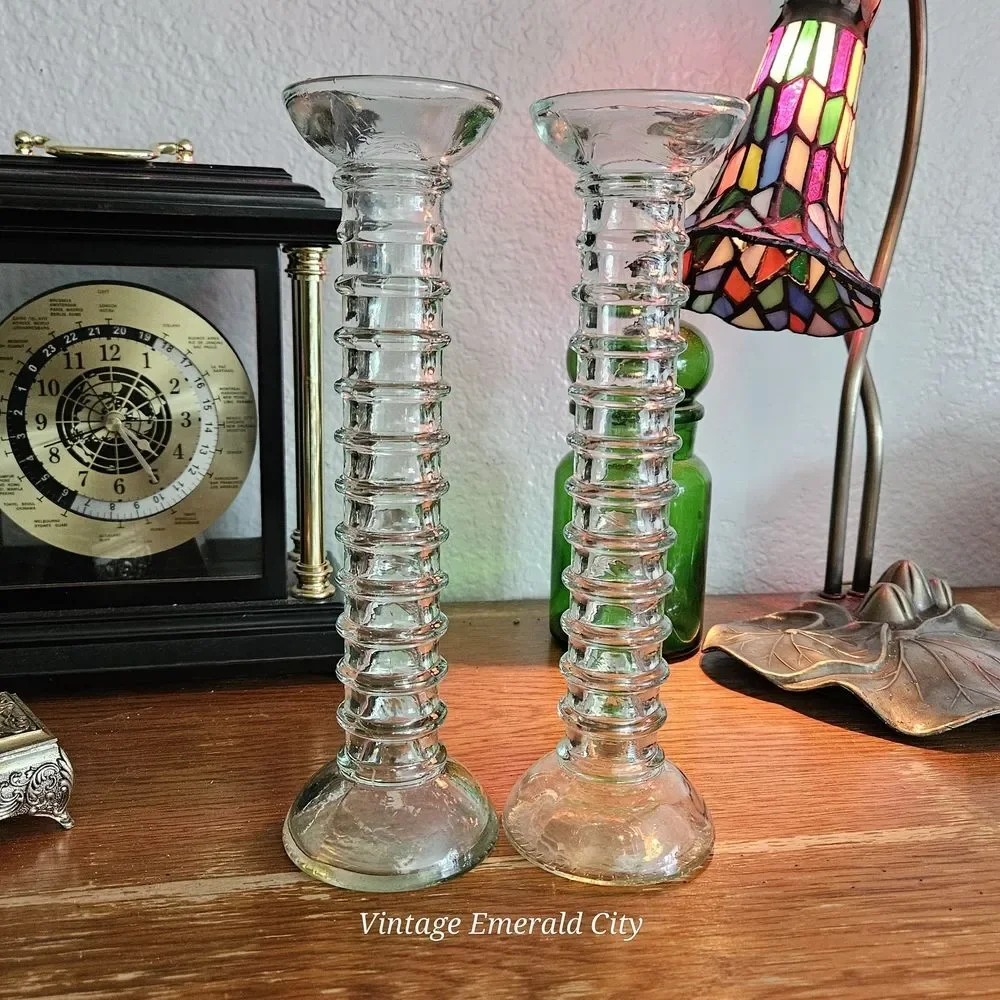 Vtg Stacked Bubble Glass 20th Century Ribbed Pale Green Candle Holders Spain Set